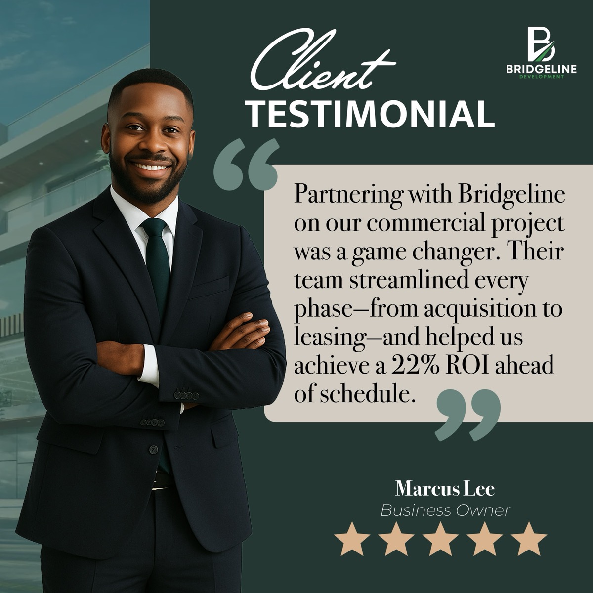Bridgeline social testimonial graphic featuring client Marcus Lee, Business Owner
