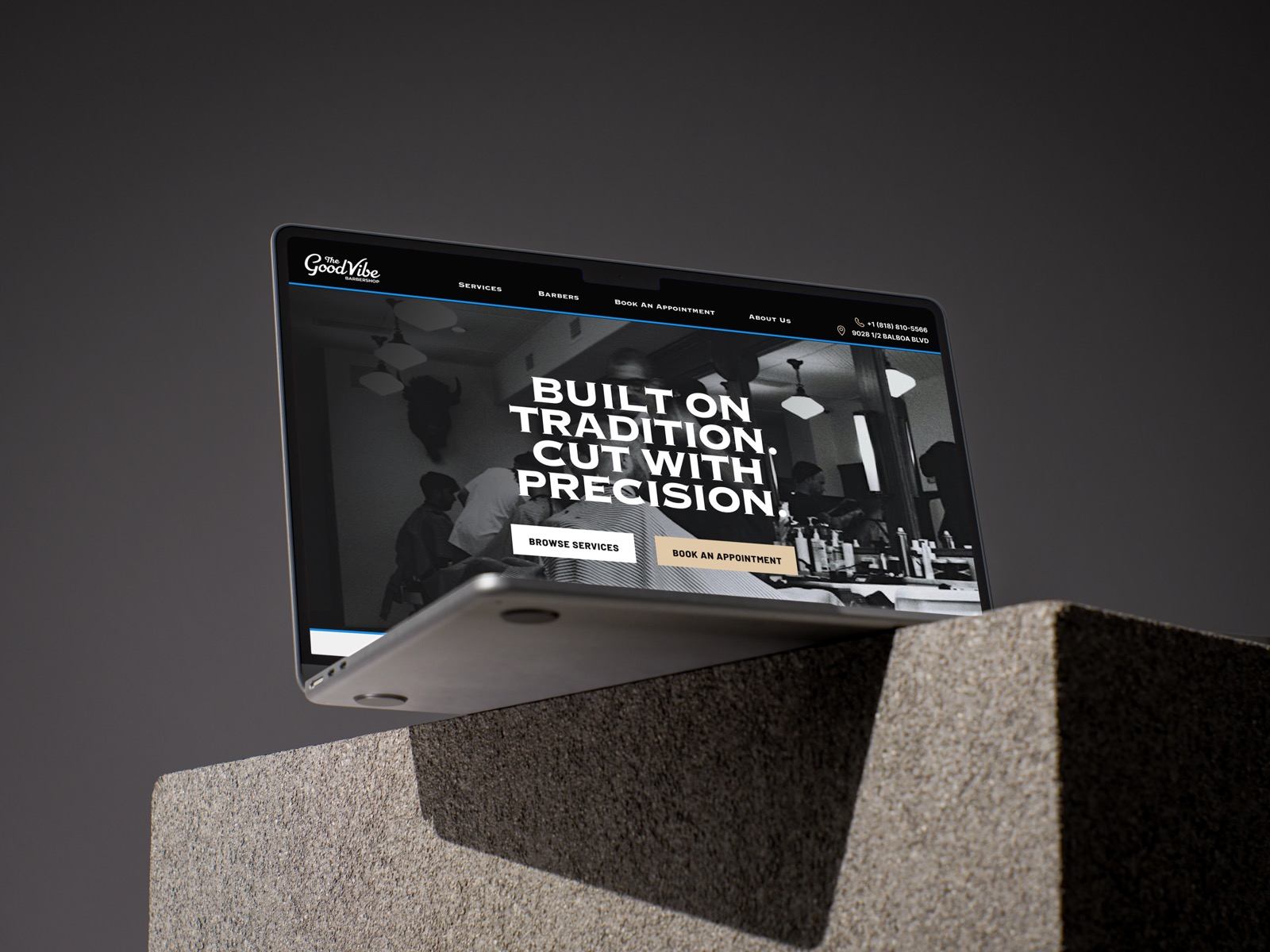 Good Vibe Barbershop final website design on desktop